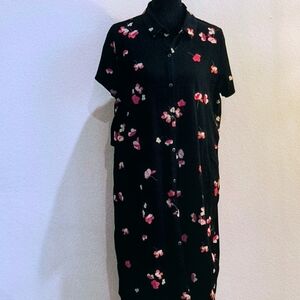 J. Jill Black Midi Shirt Dress with Pink Floral Print